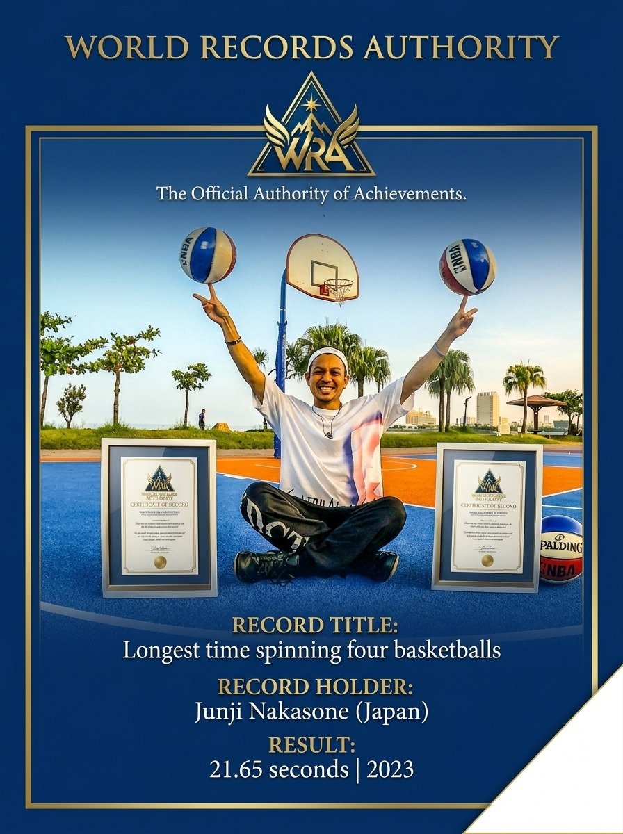 Junji Nakasone spinning four basketballs