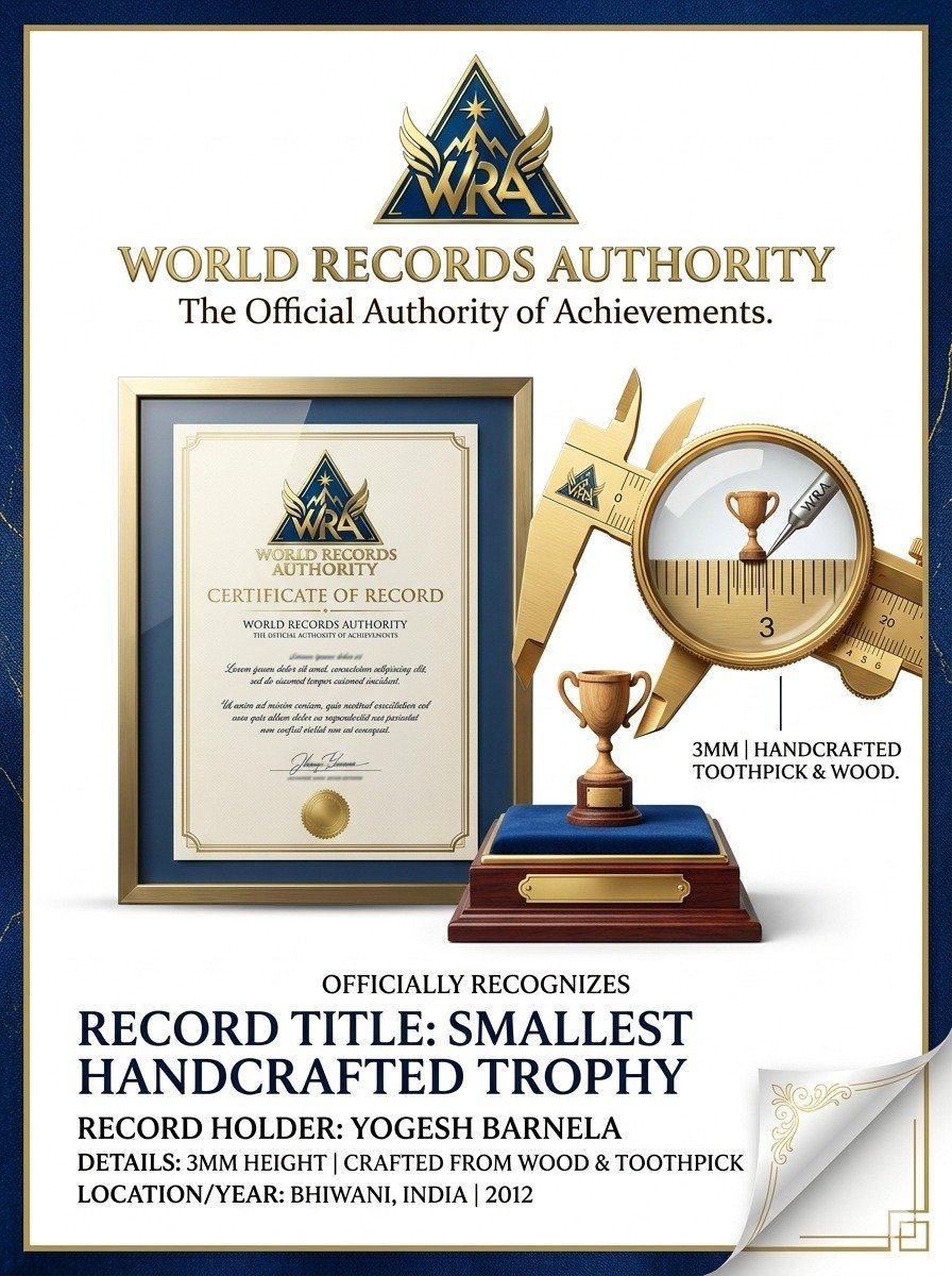 Smallest Handcrafted Trophy — Yogesh Barnela, India 2012