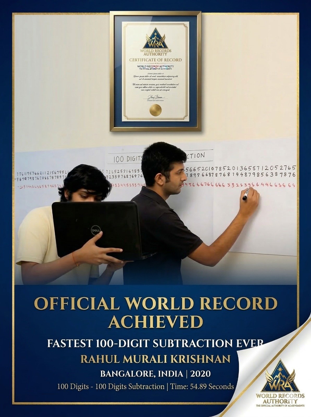 Rahul Murali Krishnan Fastest 100-Digit Subtraction World Record